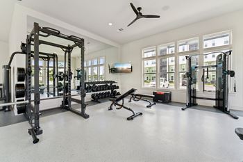 A spacious gym with a variety of equipment including a squat rack, bench, and weights.